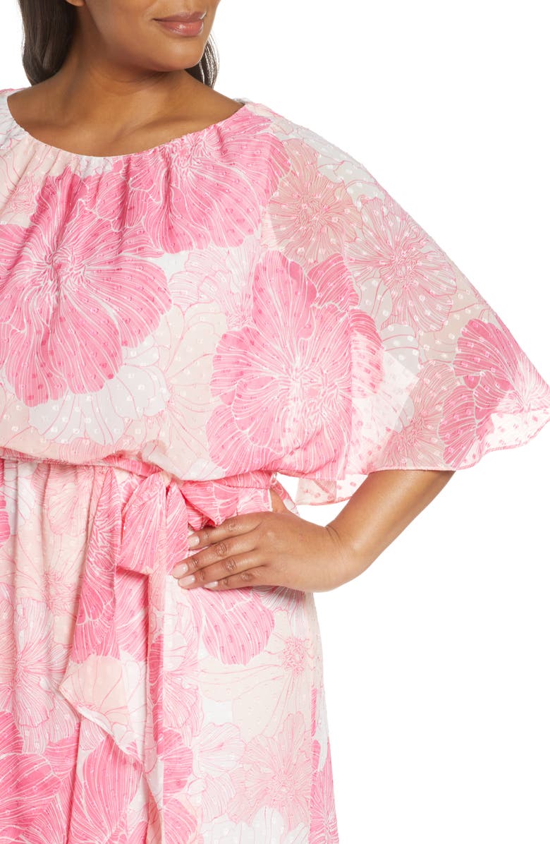 Maison Tara Floral Flutter Sleeve Clip Dot Chiffon Blouson Dress, Alternate, color, 