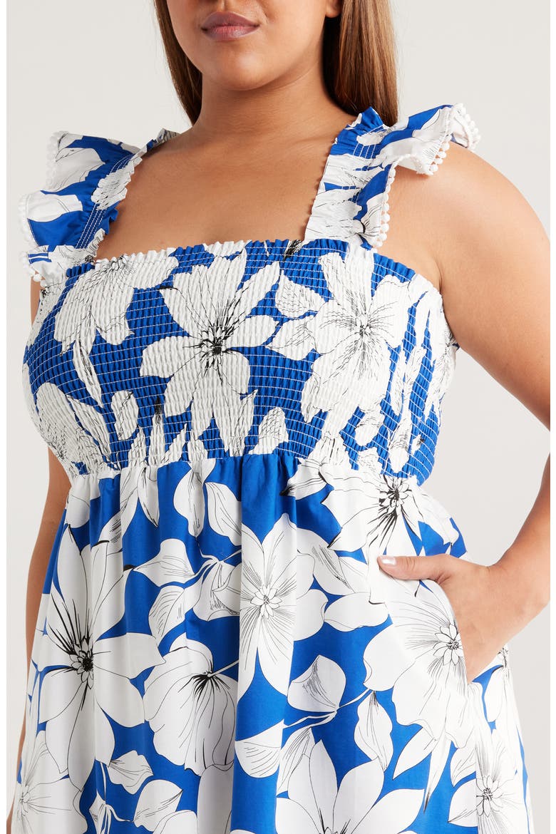 Smocked Ruffle Midi Dress, Alternate, color, PALACE BLUE MULTI