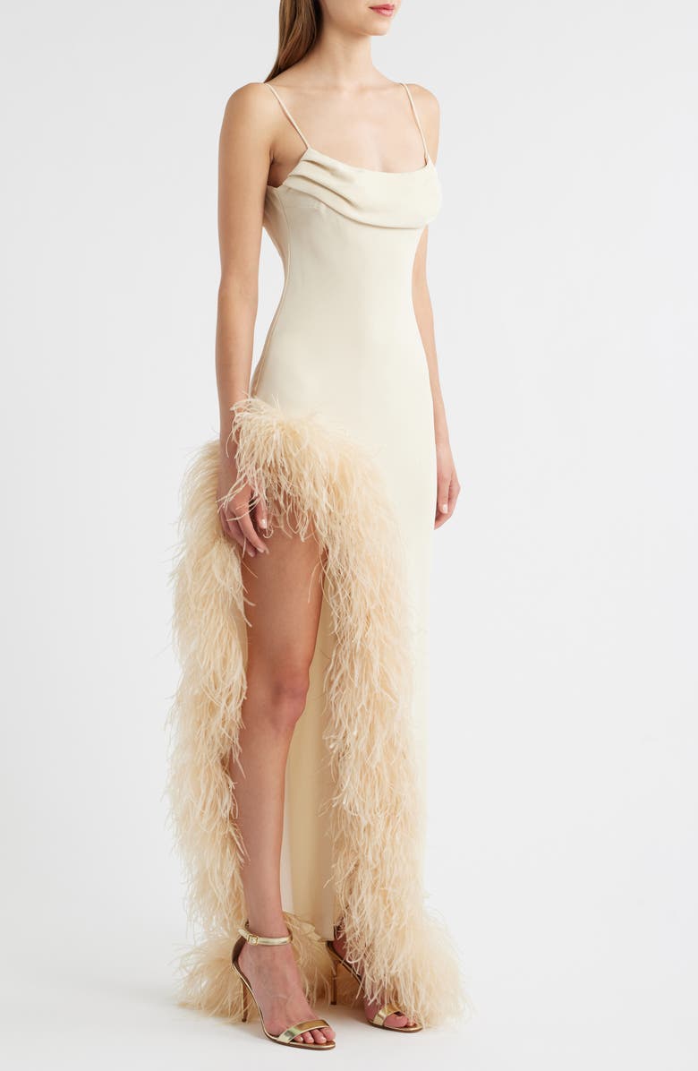 Delfi Collective Jacqueline Feather Slit Gown, Alternate, color, Ivory
