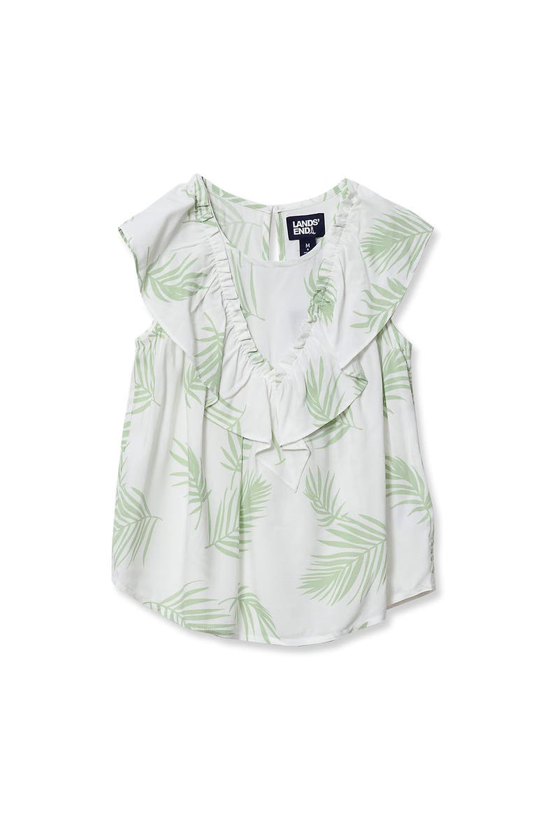 Girls Breezy V-Neck Ruffle Top, Main, color, Green Palm Leaves