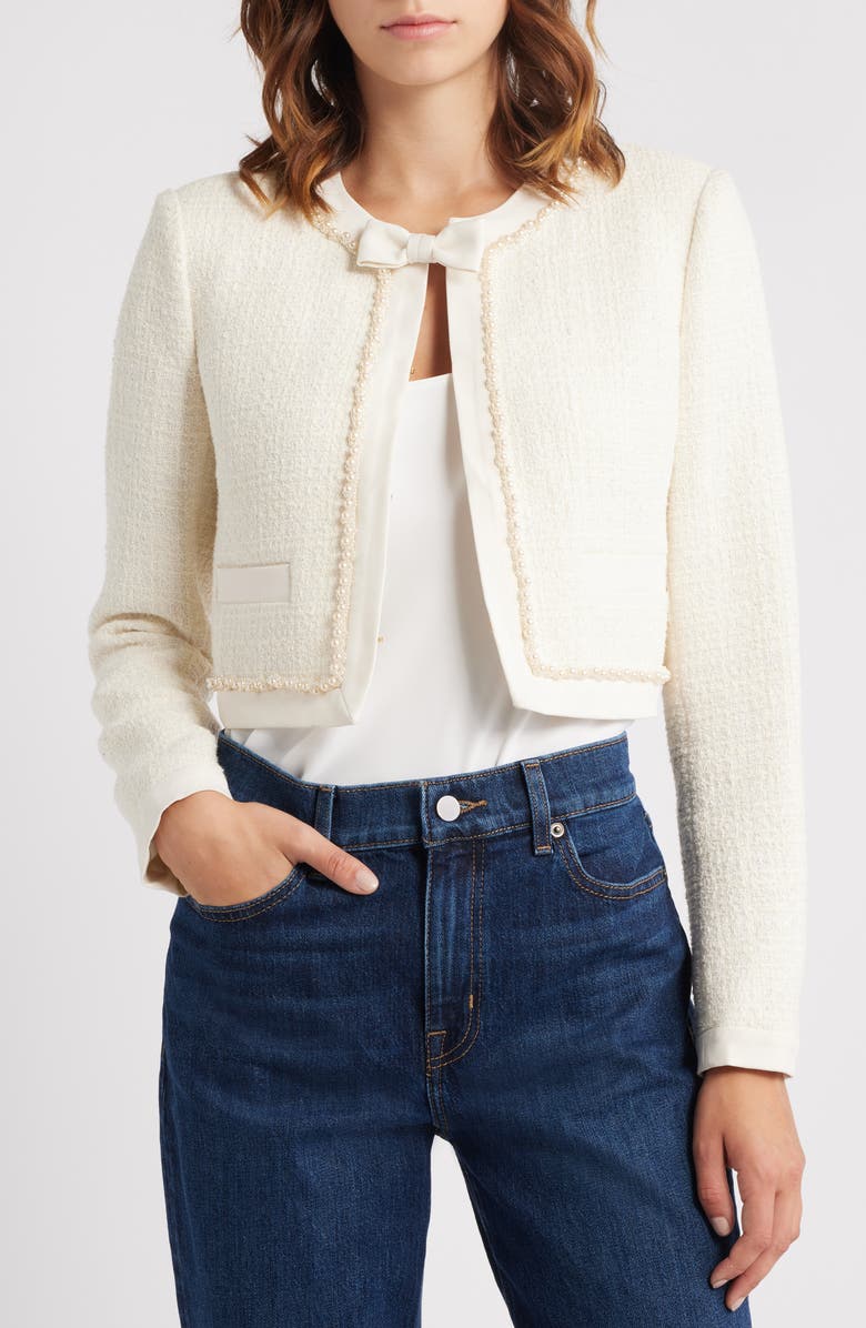 LoveShackFancy Ralphette Beaded Tweed Jacket, Alternate, color, Cream