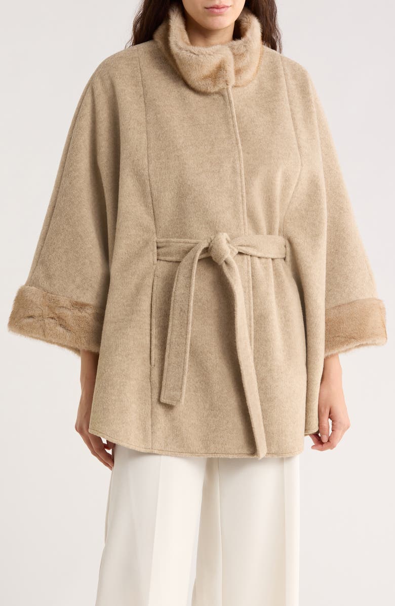 La Fiorentina Faux Fur Trim Cape, Main, color, Beige