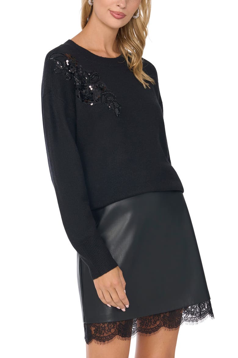Floral Embroidered Sequin Appliqué Crewneck Sweater, Alternate, color, RICH BLACK