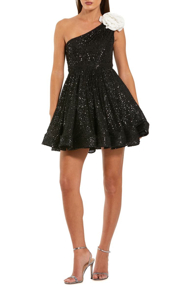 Mac Duggal One Shoulder Sequin Mini Dress With 3D Flower, Main, color, Black Ivory