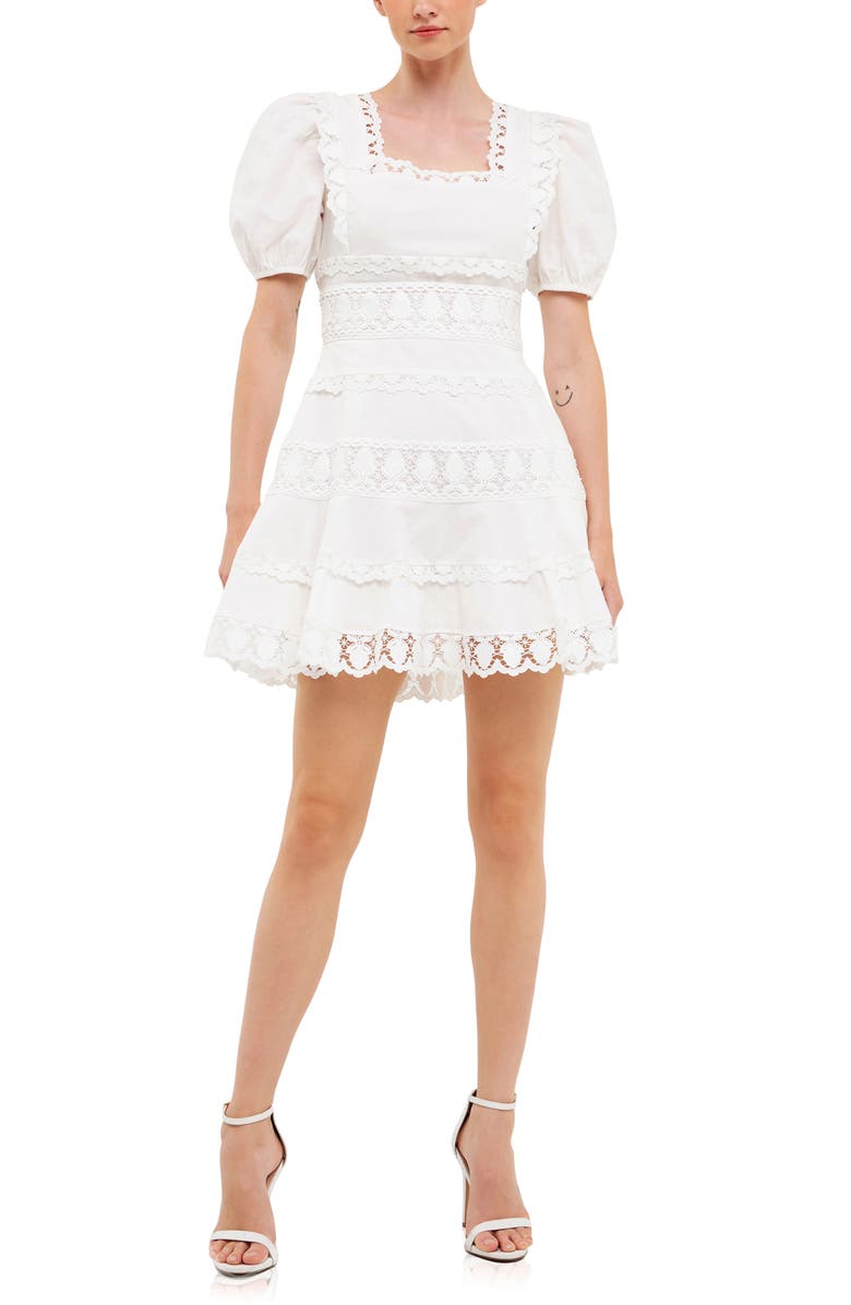 Endless Rose Lace Puff Sleeve Cotton & Linen Minidress, Main, color, White