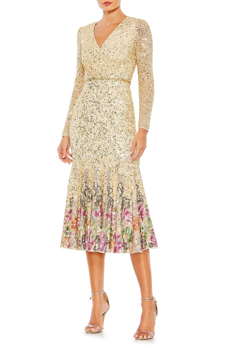 Faux Wrap Long Sleeve Tea Length Dress, Main, color, GOLD MULTI