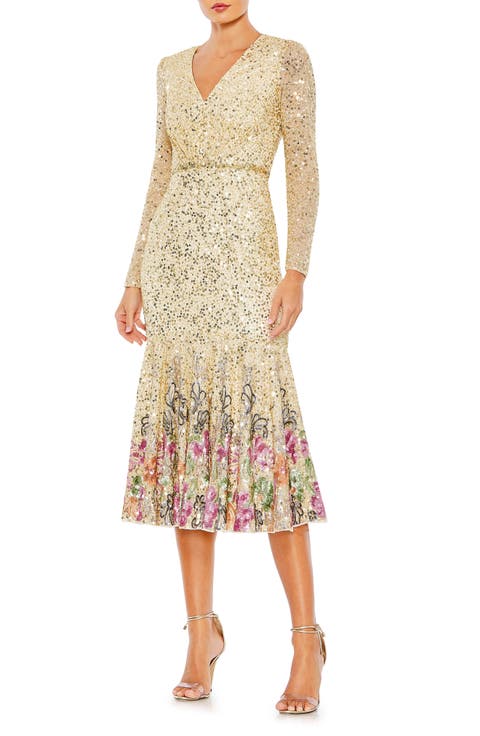 Faux Wrap Long Sleeve Tea Length Dress