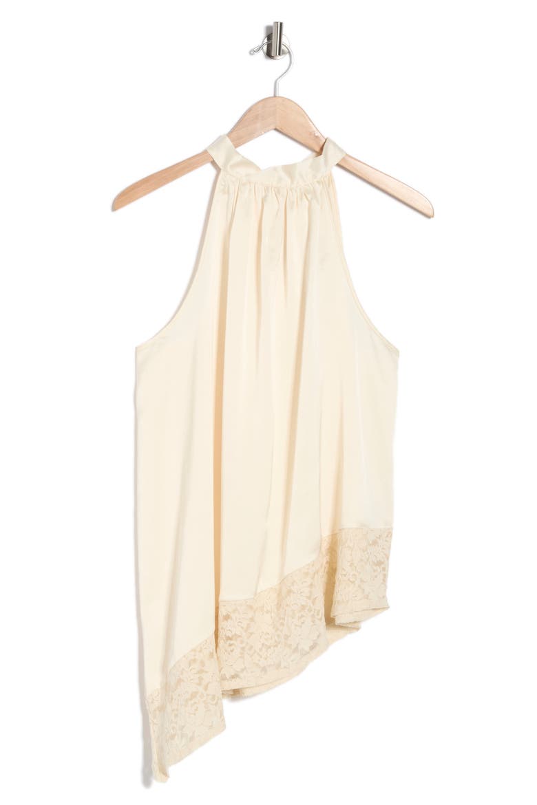 Sleeveless Lace Trim Satin Asymmetric Top, Alternate, color, LIGHT BUTTER