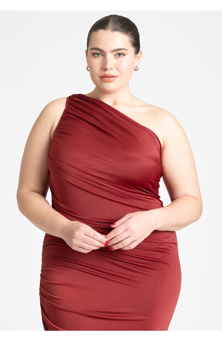 ELOQUII Ruched One Shoulder Dress, Alternate, color, Blaze Red