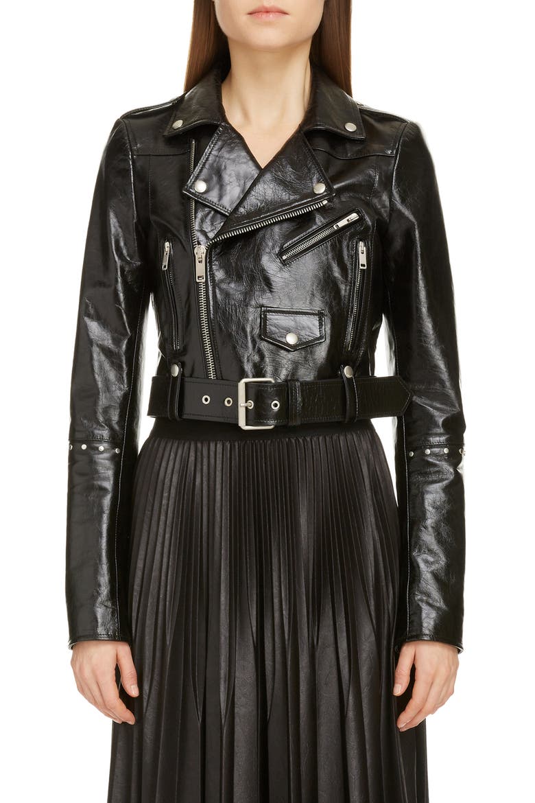 Studded Crop Leather Biker Jacket, Main, color, BLACK