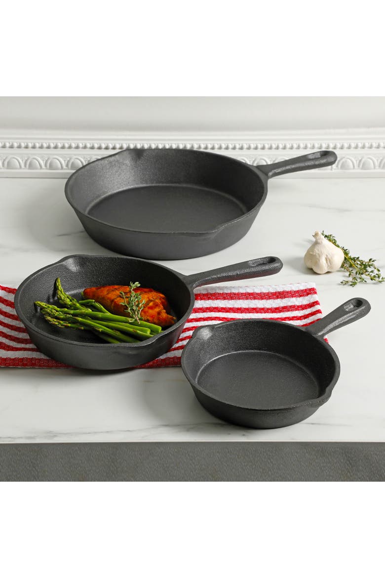 Addlestone 3 Piece Preseasoned Cast Iron Skillet Set, Alternate, color, Black