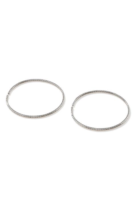Carved Chain Hoop Earrings, Silver, 76.5mm