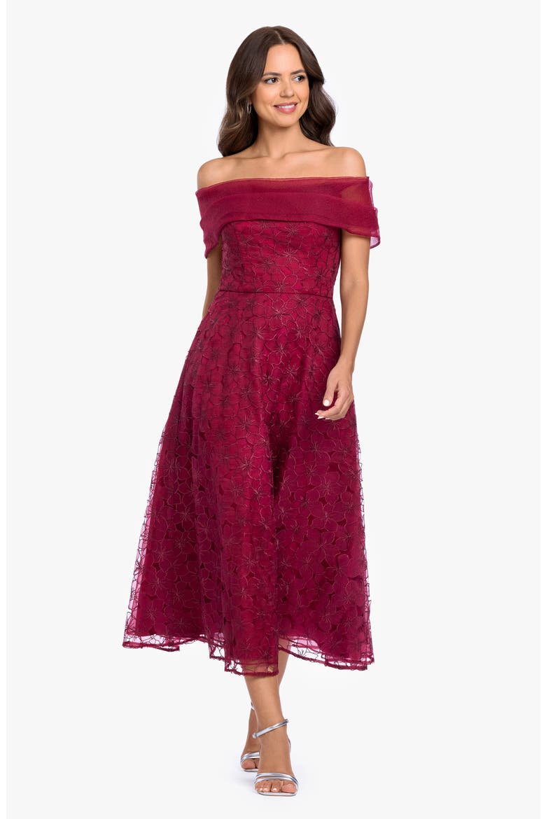 Embroidered Off the Shoulder Midi Gown, Alternate, color, WINE