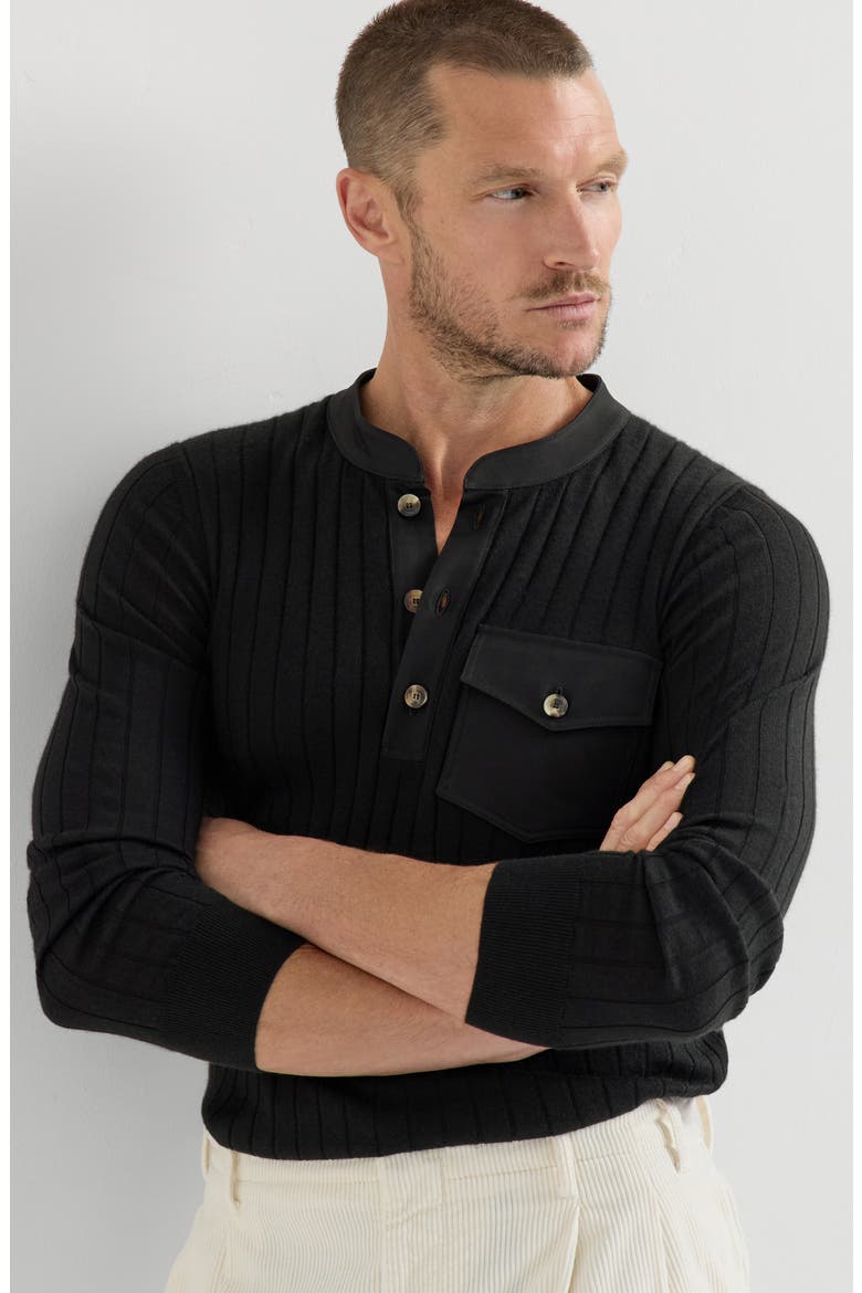 Cashmere and silk ribbed sweater with Henley collar and chest pocket, Alternate, color, Black