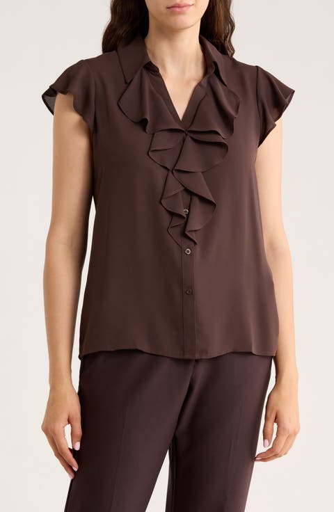 Cap Sleeve Ruffle Front Button-Up Shirt