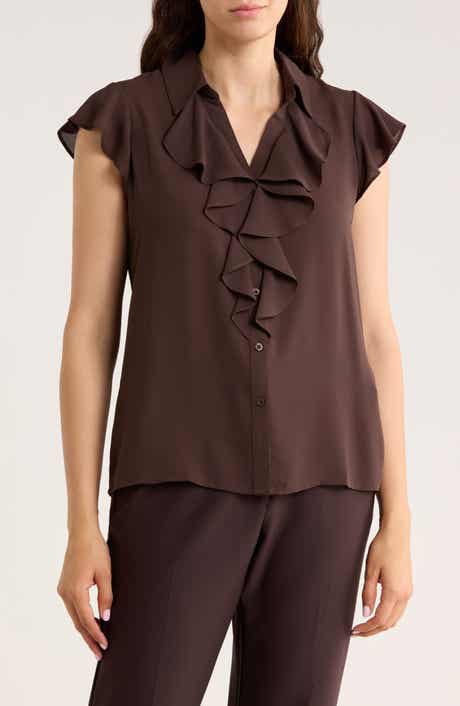 Calvin Klein Cap Sleeve Ruffle Front Button-Up Shirt
