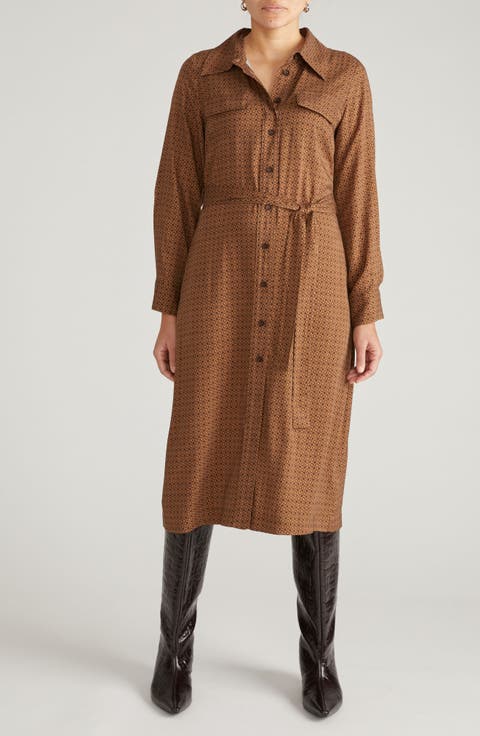 Cooling Long Sleeve Stretch Cupro Blend Shirtdress