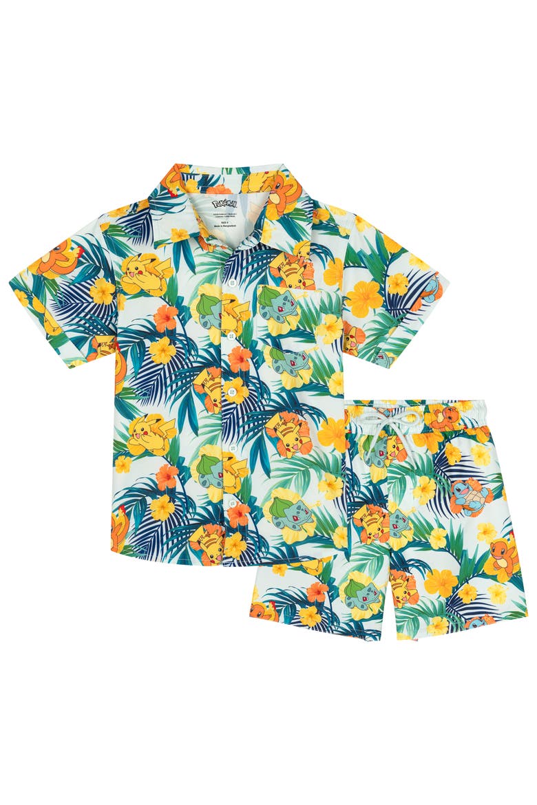 Swimwear 2-Piece Camp Shirt and Swim Trunks Set, Main, color, Pikachu Squirtle Green