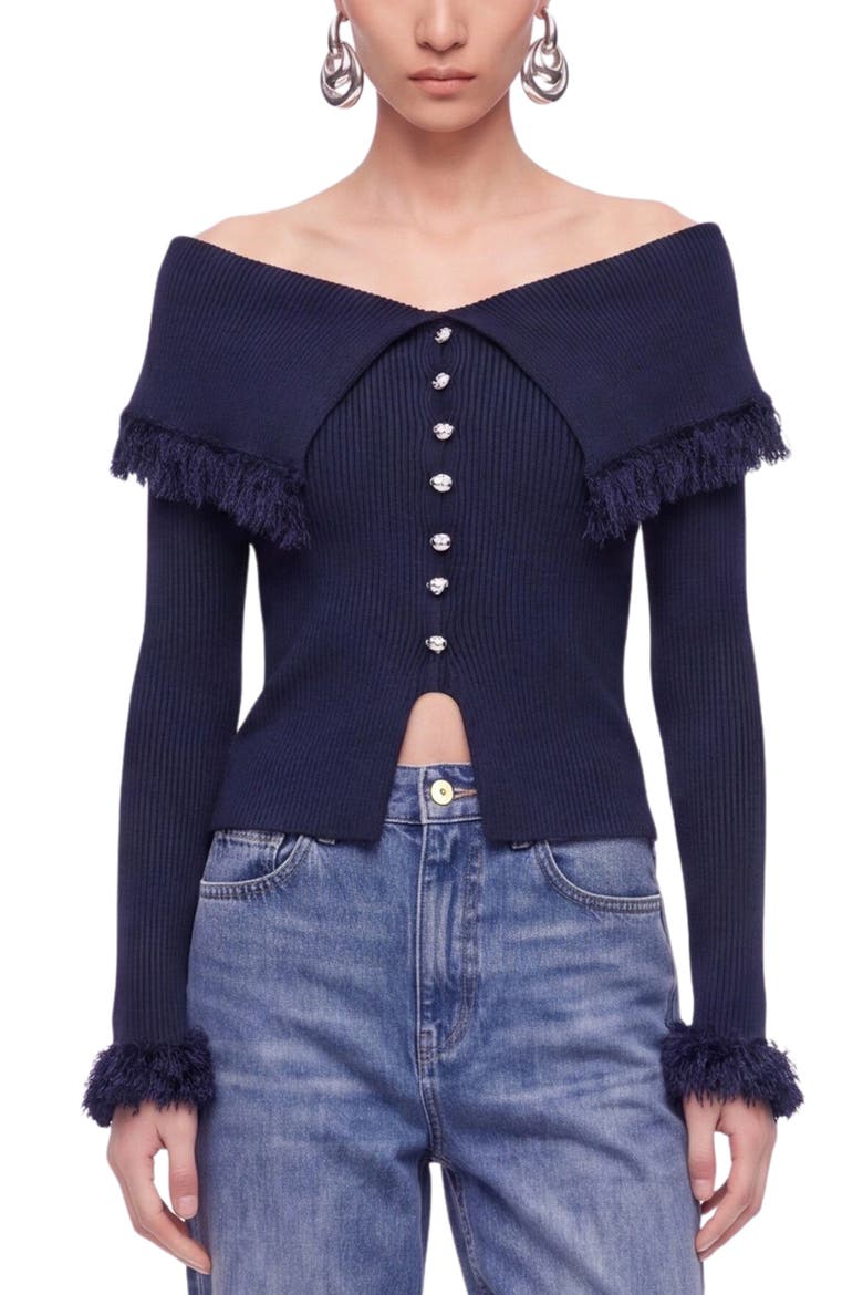 Fringed Collar Off Shoulder Cardigan, Alternate, color, Navy