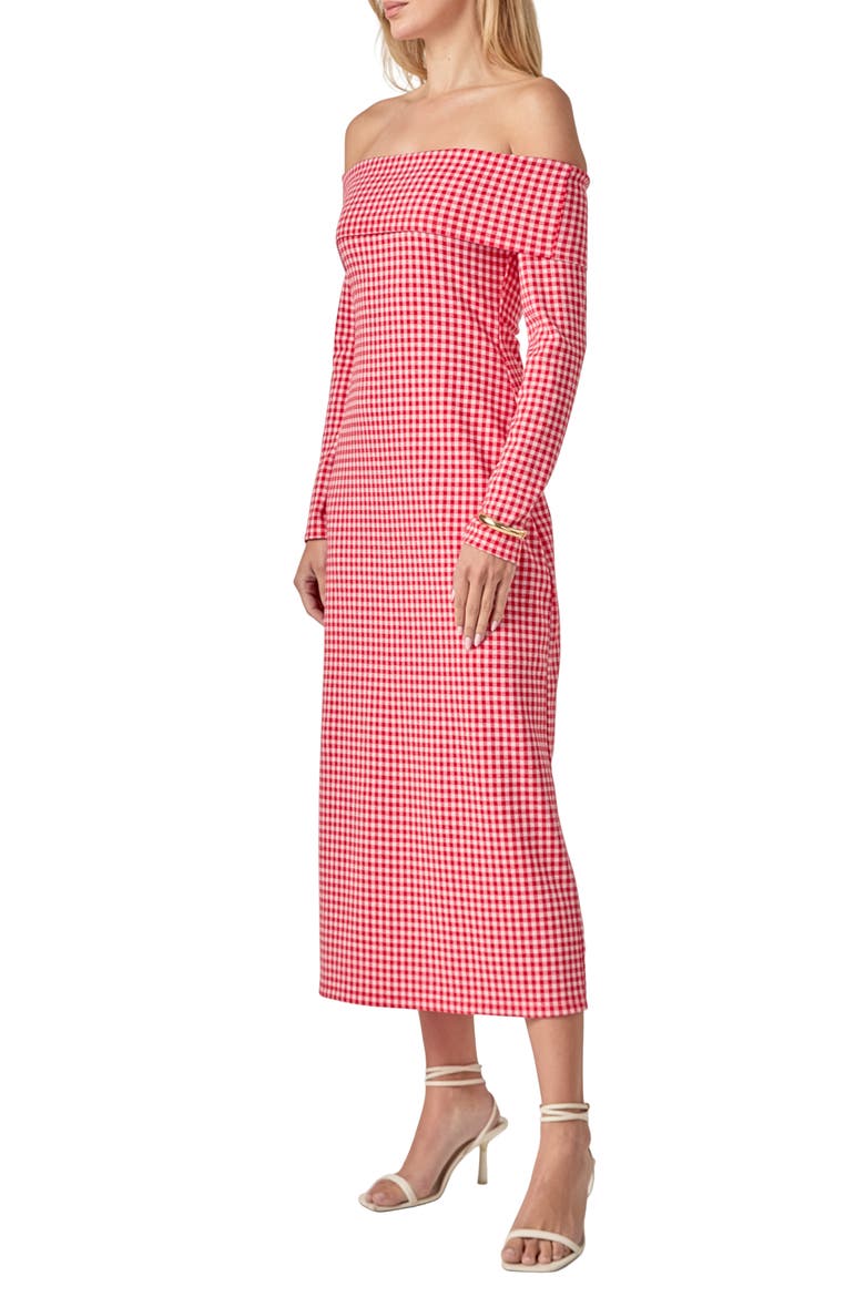 Gingham Long Sleeve Off-the-Shoulder Midi Dress, Alternate, color, RED