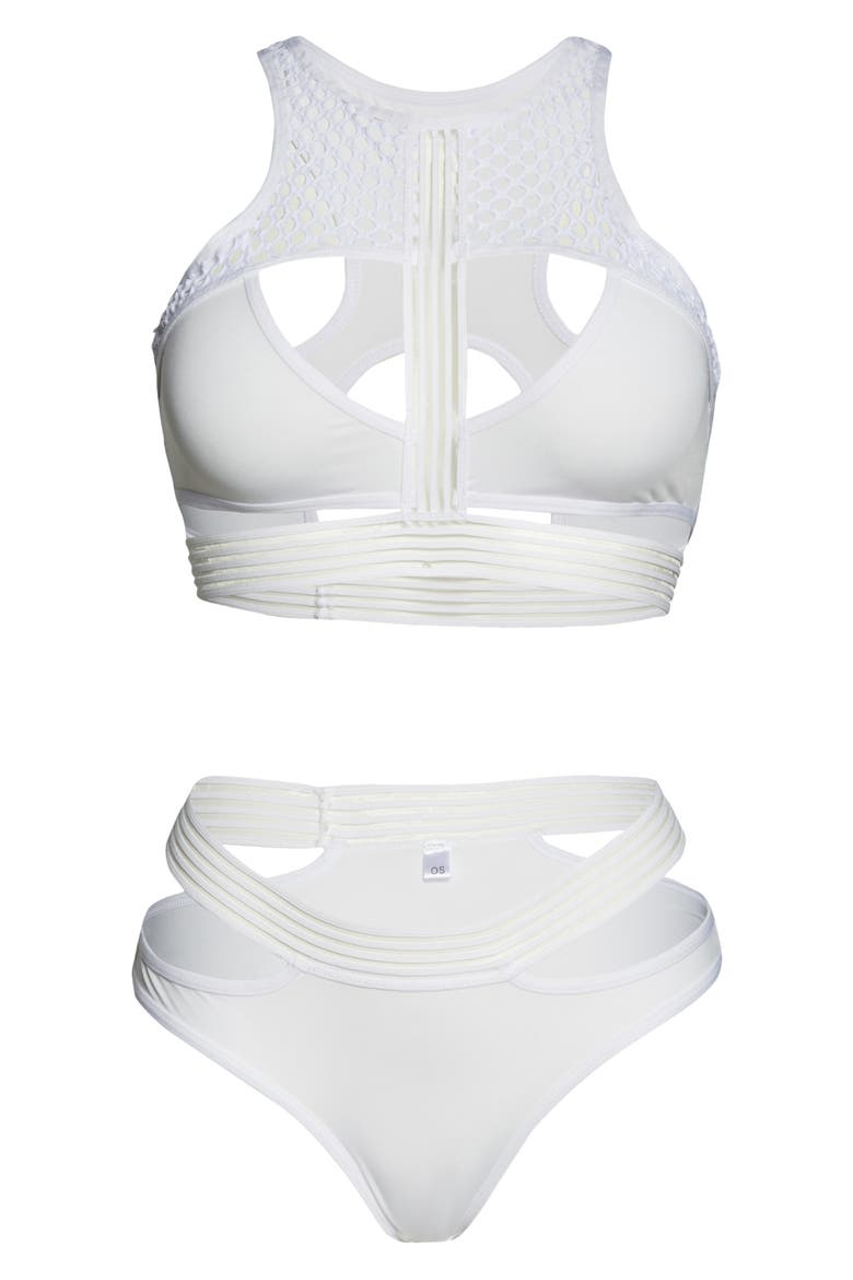 Mesh & Strap Detail Bra & Briefs Set, Alternate, color, WHITE