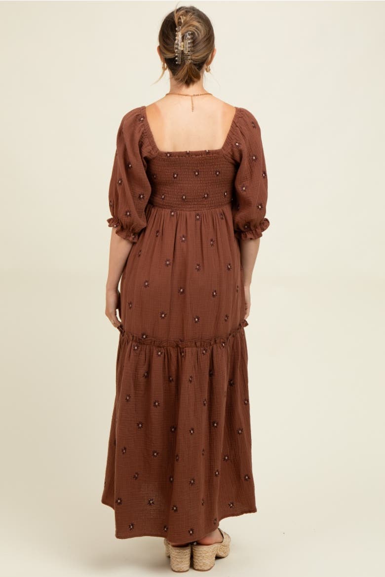 Floral Smocked Puff Sleeve Maxi Dress, Alternate, color, Brown