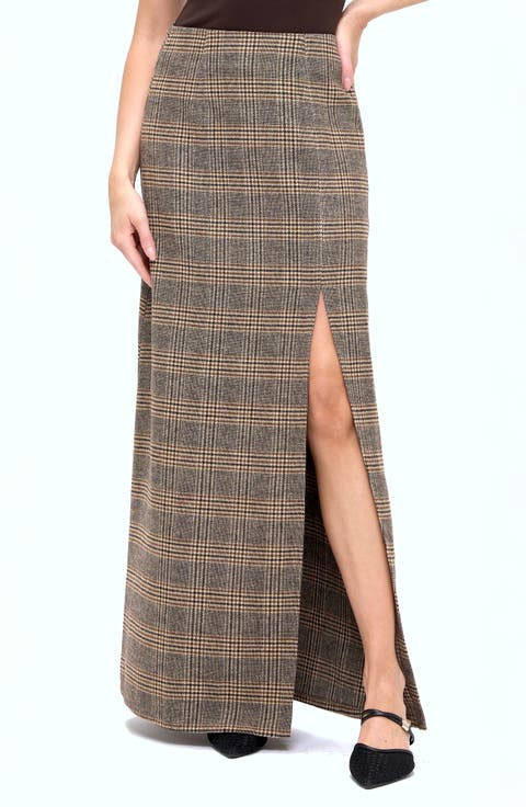 Plaid Front Slit Maxi Skirt
