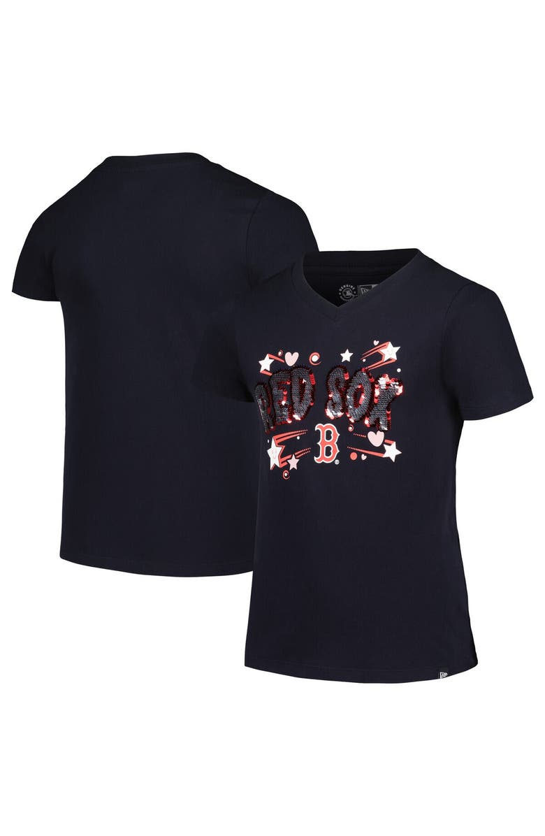 New Era Girls Youth New Era Navy Boston Red Sox Sequin V-Neck T-Shirt, Main, color,