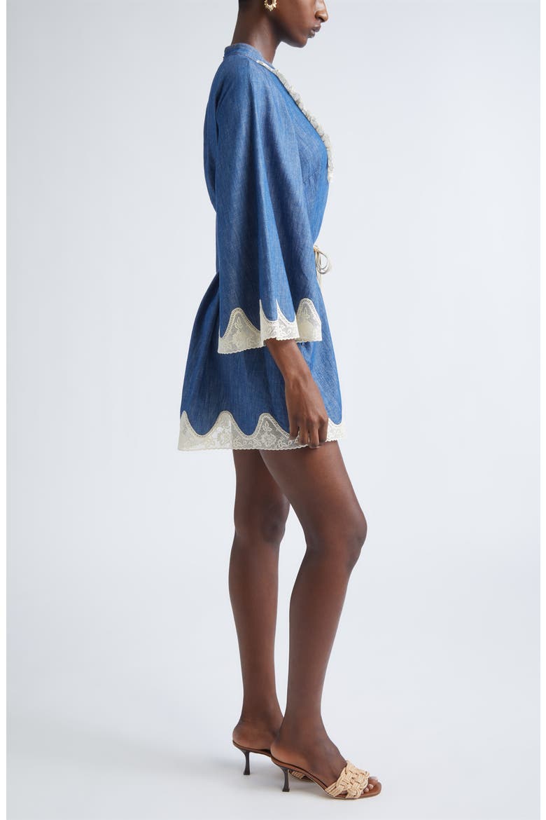 Awaken Belted Lace Trim Denim Minidress, Alternate, color, RAILWAY BLUE