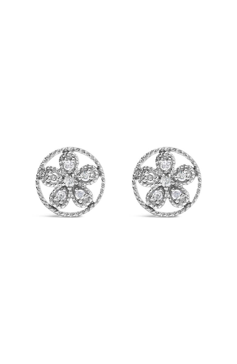 Haus of Brilliance Silver Diamond Accent Star and Wheel Milgrain Style Stud Earrings, Main, color, White