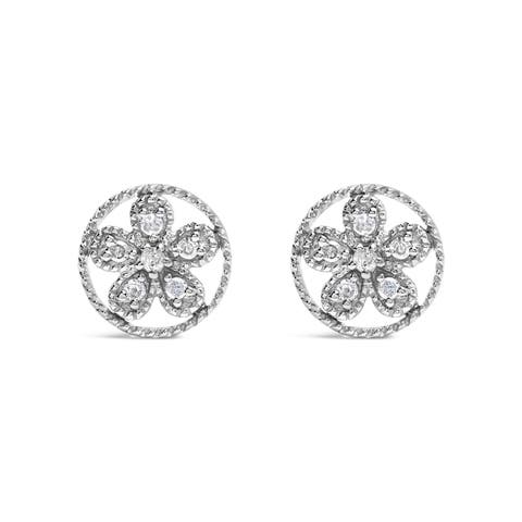 Silver Diamond Accent Star and Wheel Milgrain Style Stud Earrings