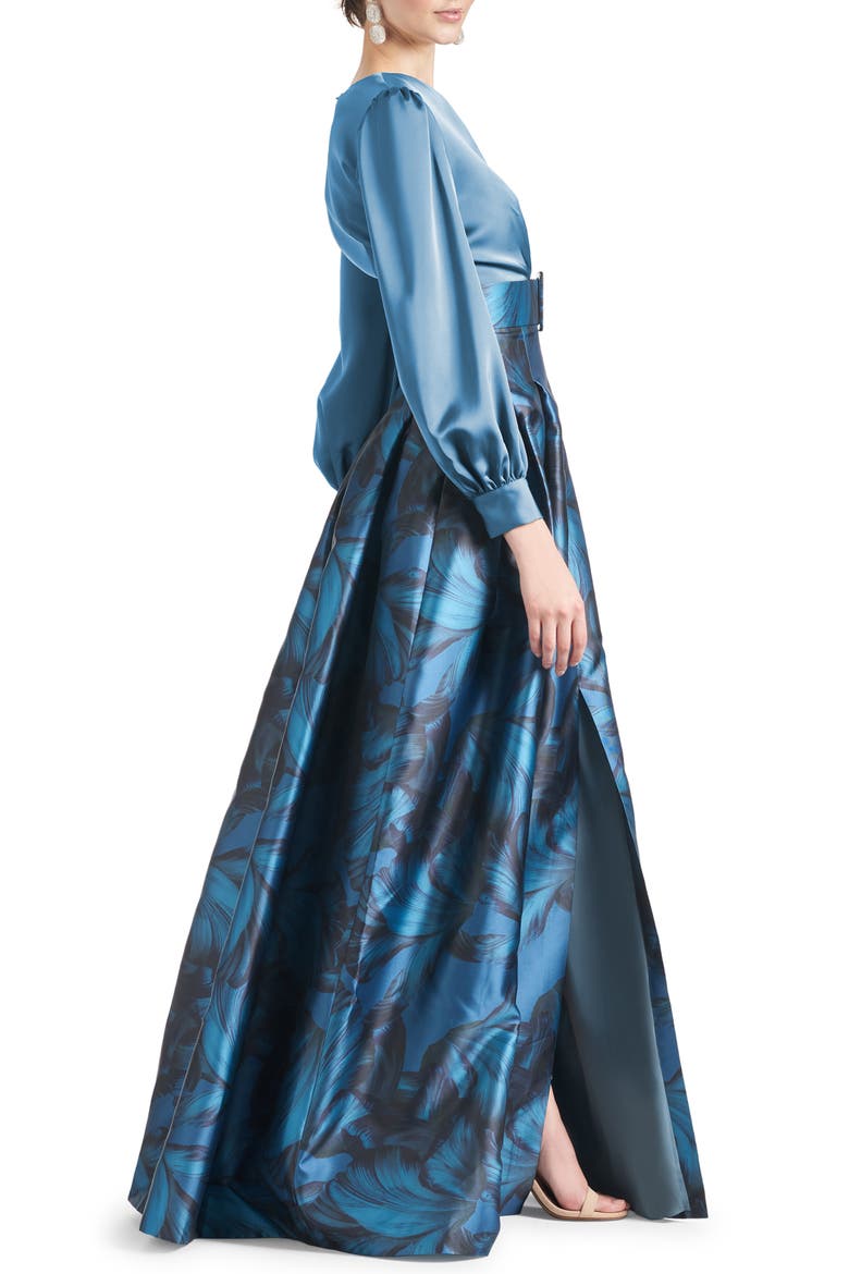 Zoe Floral Belted Long Sleeve Gown, Alternate, color, GUNMETAL TONAL PETAL