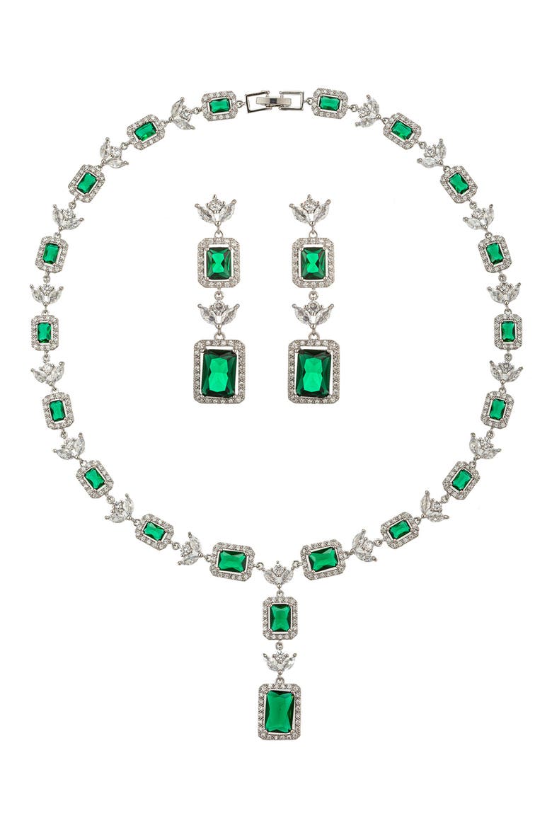 Alice Cubic Zirconia Necklace & Drop Earrings Set, Main, color, SILVER/GREEN