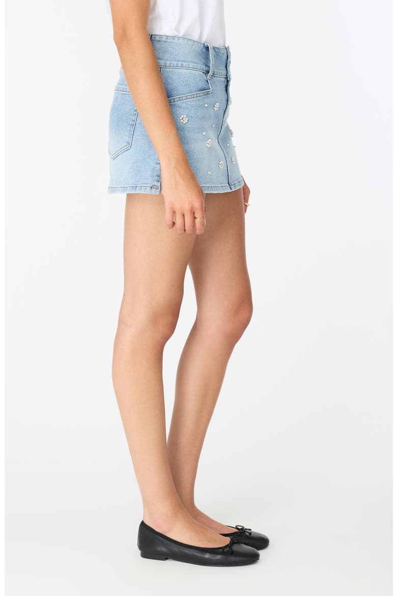 Simone Faux Pearl Embellished Denim Miniskirt, Alternate, color, LIGHT WASH