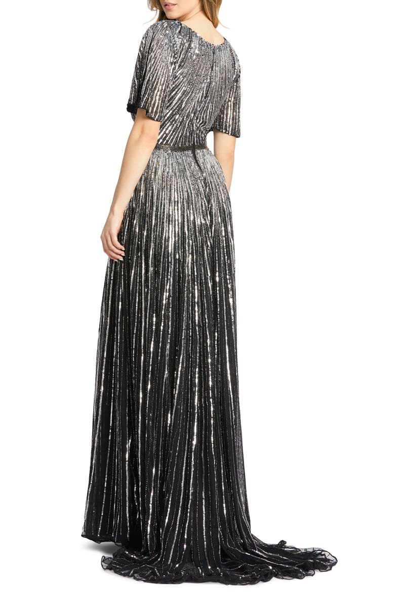Sequin Stripe Gown with Train, Alternate, color, BLACK SILVER