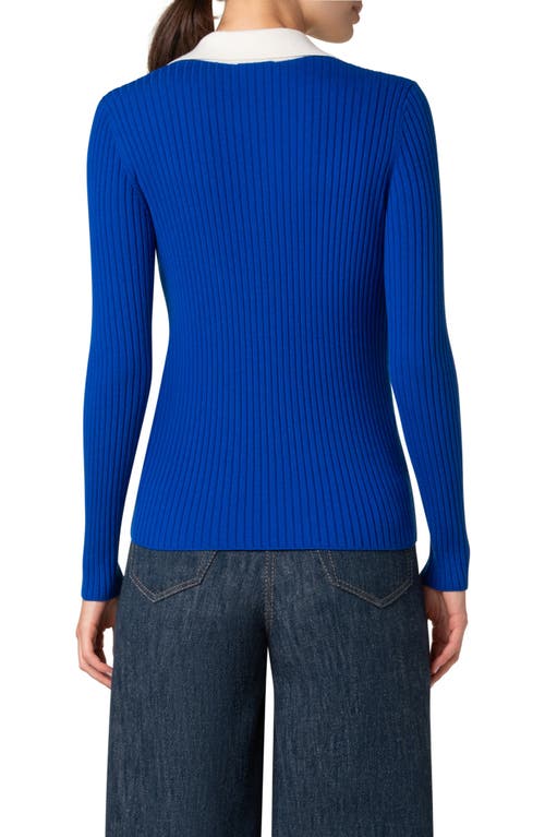 Akris Punto Colorblock Long Sleeve Virgin Merino Wool Rib Polo Sweater In Royal-cream