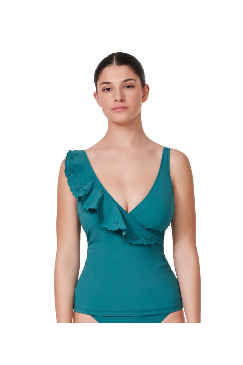 Bachelorette Ruffle V-Neck Surplice Tankini Top, Main, color, Lagoon
