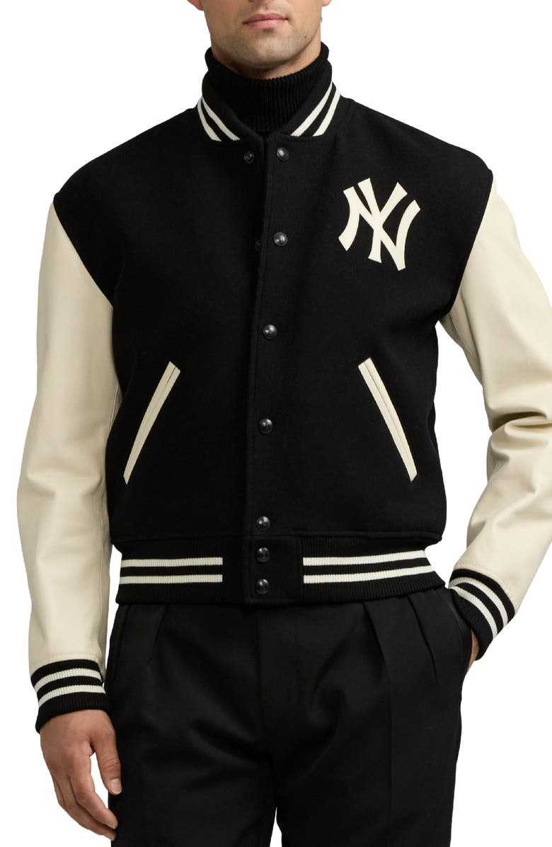 Ralph Lauren Purple Label New York Yankees Mixed Media Varsity Jacket, Main, color,