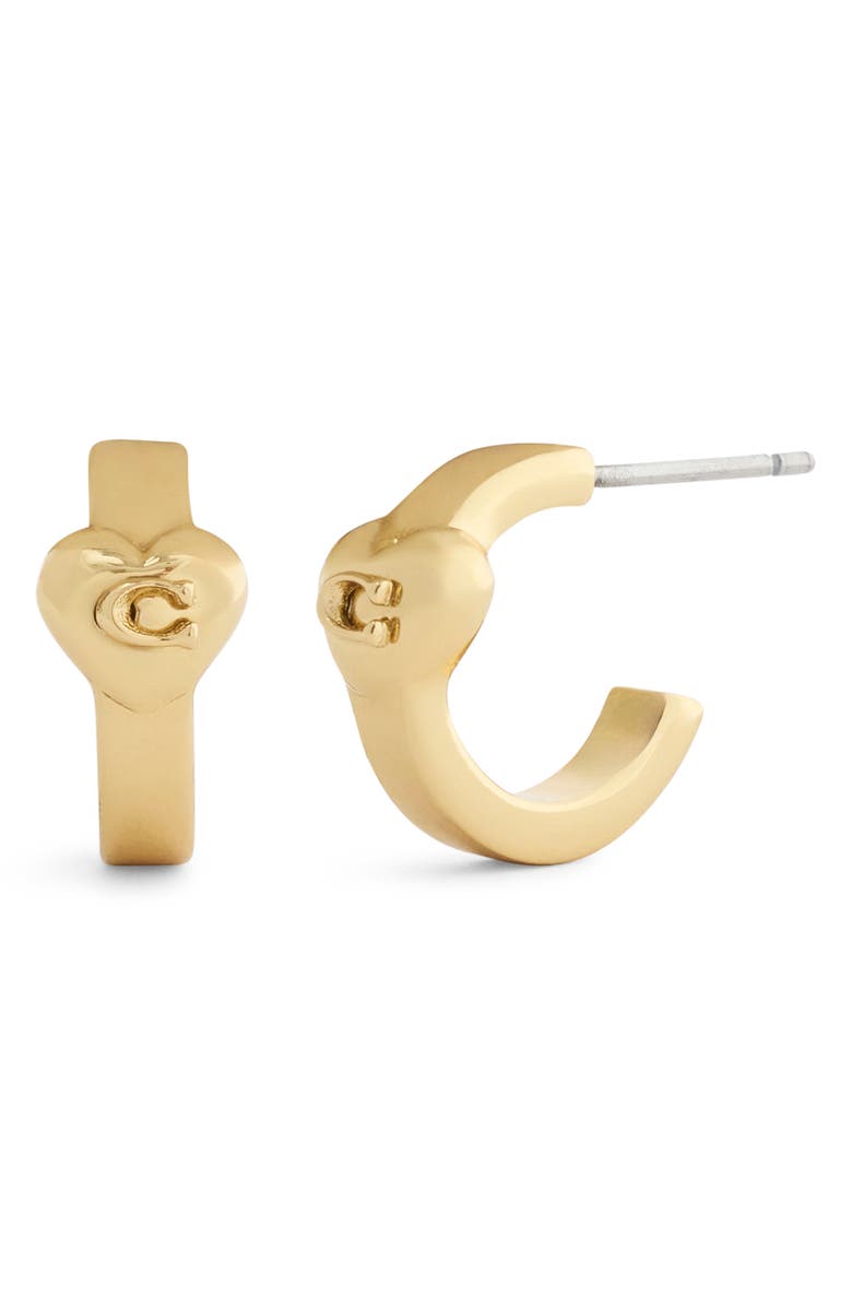 COACH Logo Heart Huggie Hoop Earrings, Main, color, Gold