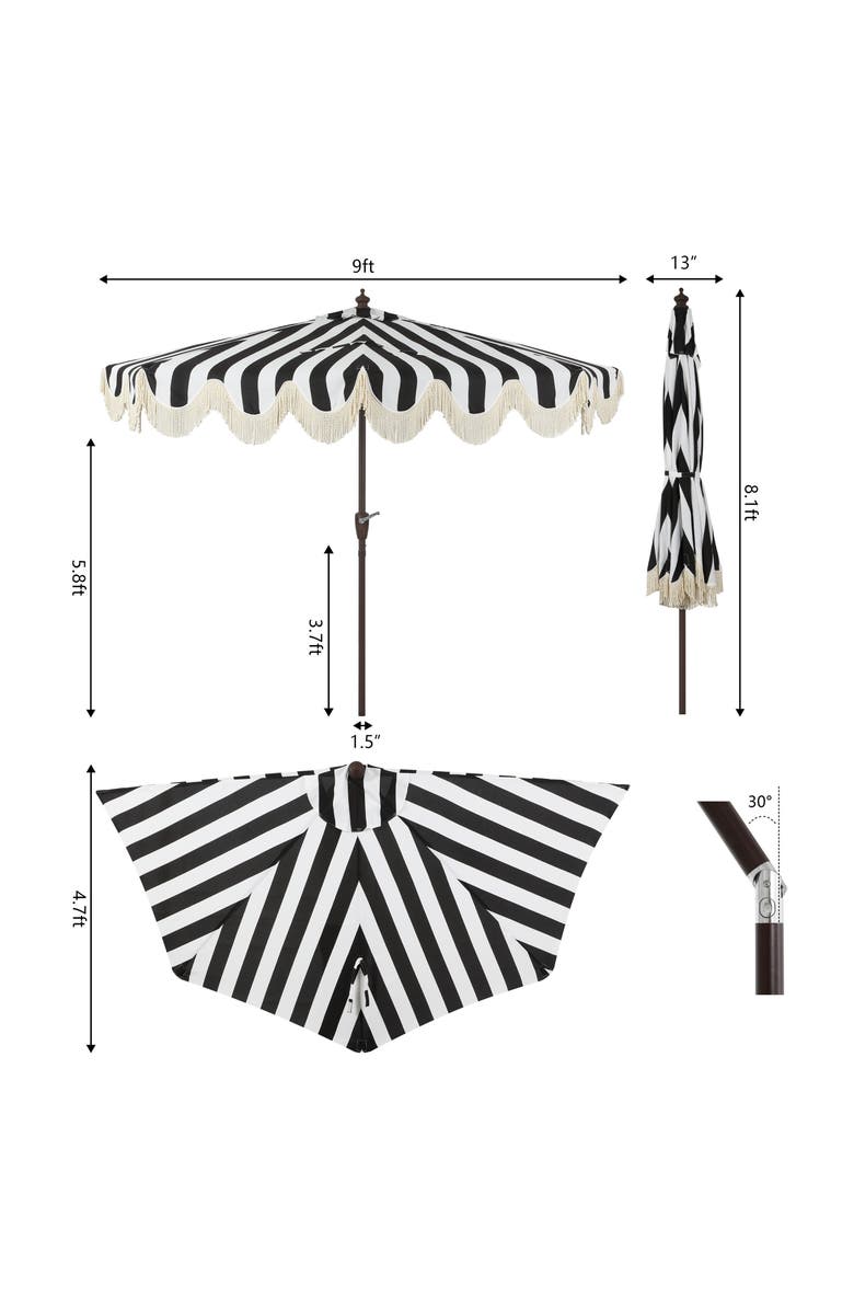 JONATHAN Y Beverly 9 ft. Designer Classic Scalloped Fringe Half Market Patio Umbrella with Crank, Push Button Tilt and UV Protection, Alternate, color, Black/White