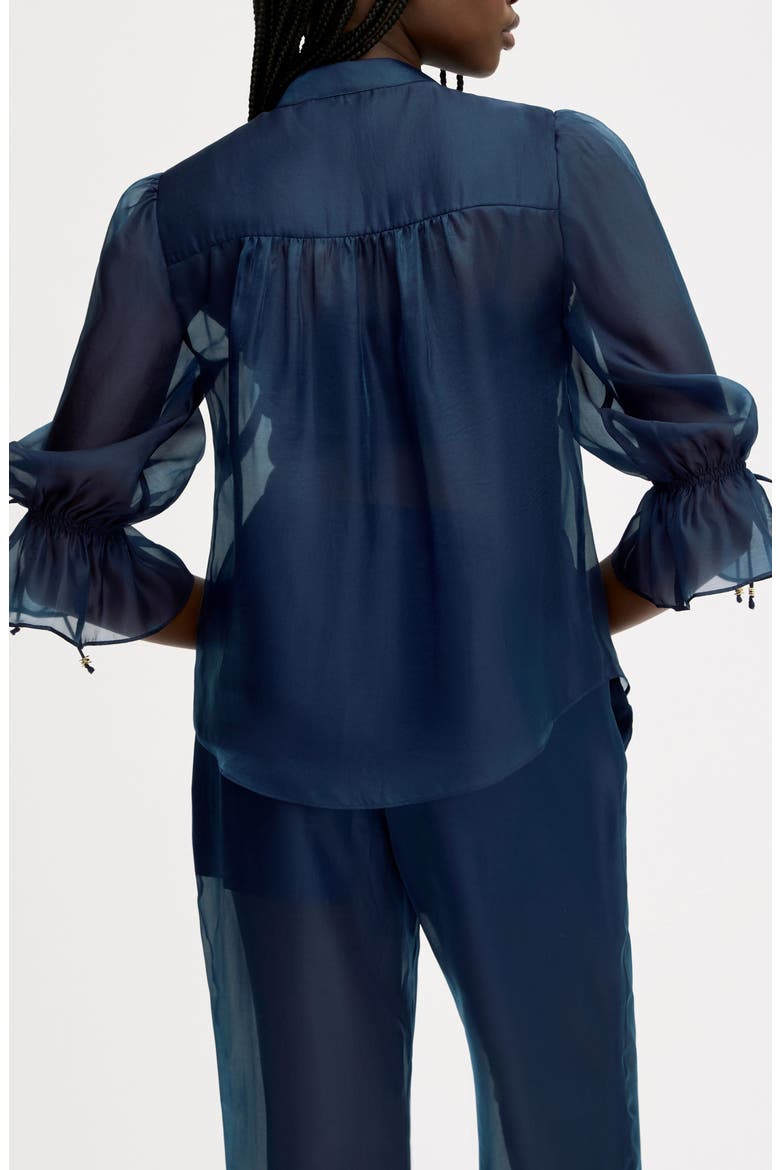 Semi Sheer Button-Up Tie Cuff Top, Alternate, color, NAVY