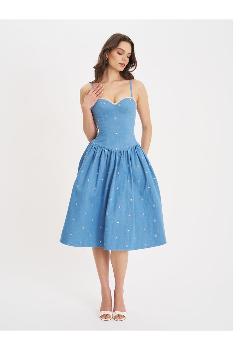 Zadie Denim Drop Waist Embroidery Flower Midi Dress, Alternate, color, Blue