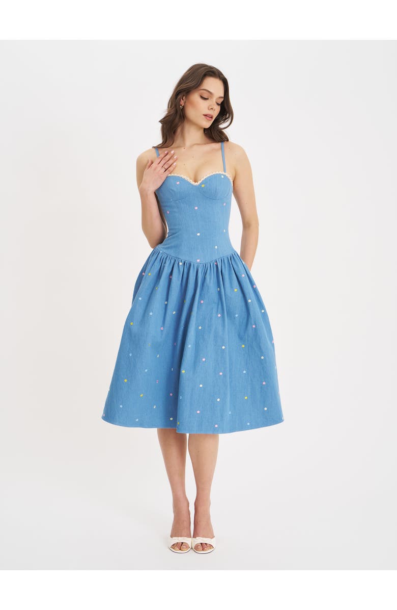 Miss Circle Zadie Denim Drop Waist Embroidery Flower Midi Dress, Alternate, color, Blue