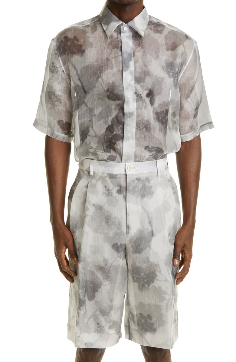 Fendi Hortensia Floral Print Short Sleeve Silk Button-Up Shirt, Main, color,