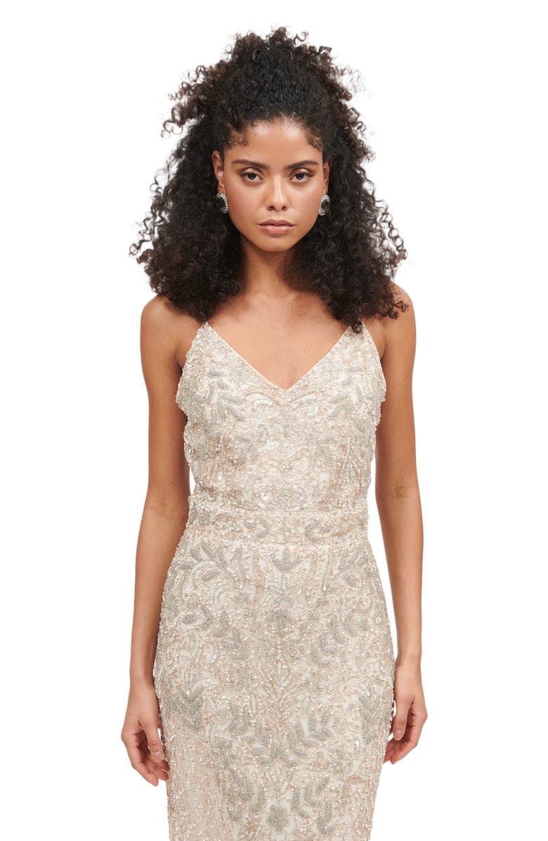 BEAUUT Occasion Embellished Sequin Beaded V Neck With Straps Evening Maxi Dress, Alternate, color,