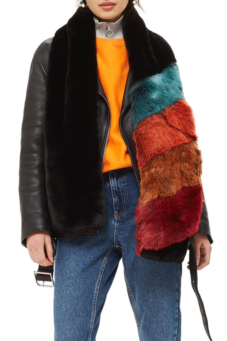 Colorblock Faux Fur Scarf, Main, color, BLACK MULTI