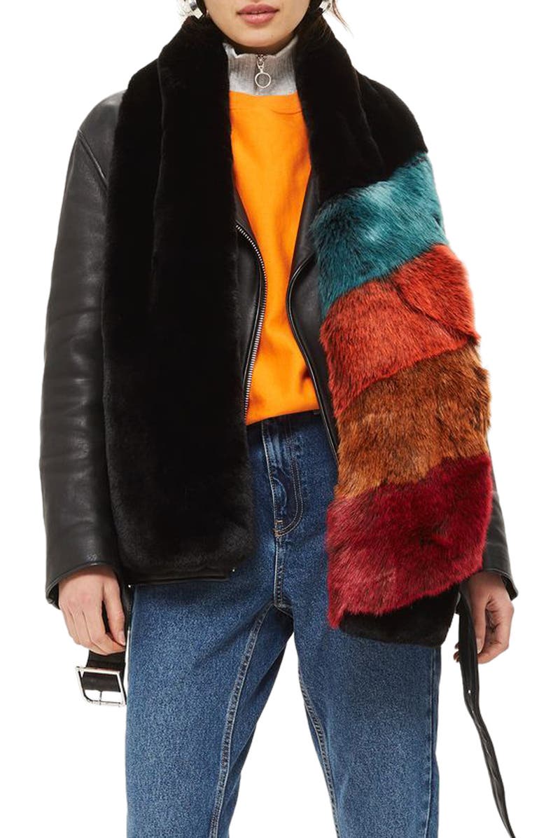 Topshop Colorblock Faux Fur Scarf, Main, color,