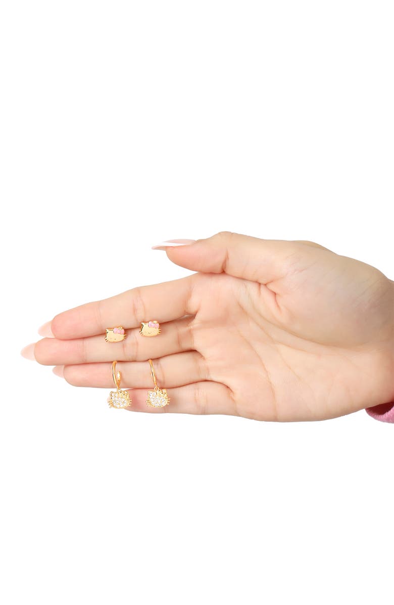 Hello Kitty Earring Set, 2-Pair, Gold-Tone Studs & Pavé Dangle Hoops, Alternate, color, Gold Tone