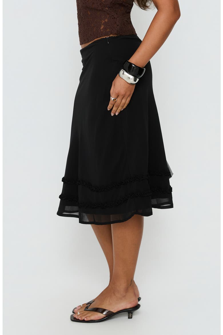 Clarabella Frill Midi Skirt, Alternate, color, BLACK