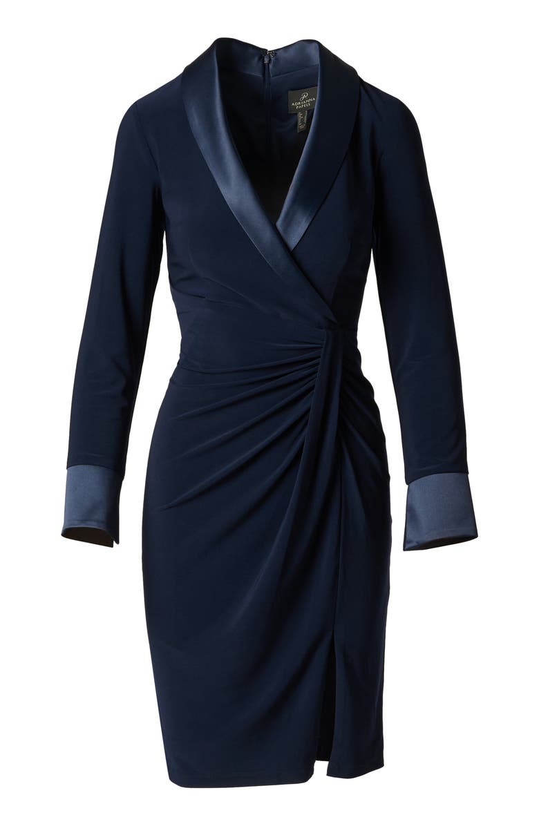 Adrianna Papell Side Ruched Long Sleeve Crepe Sheath Dress, Alternate, color, Navy Sateen